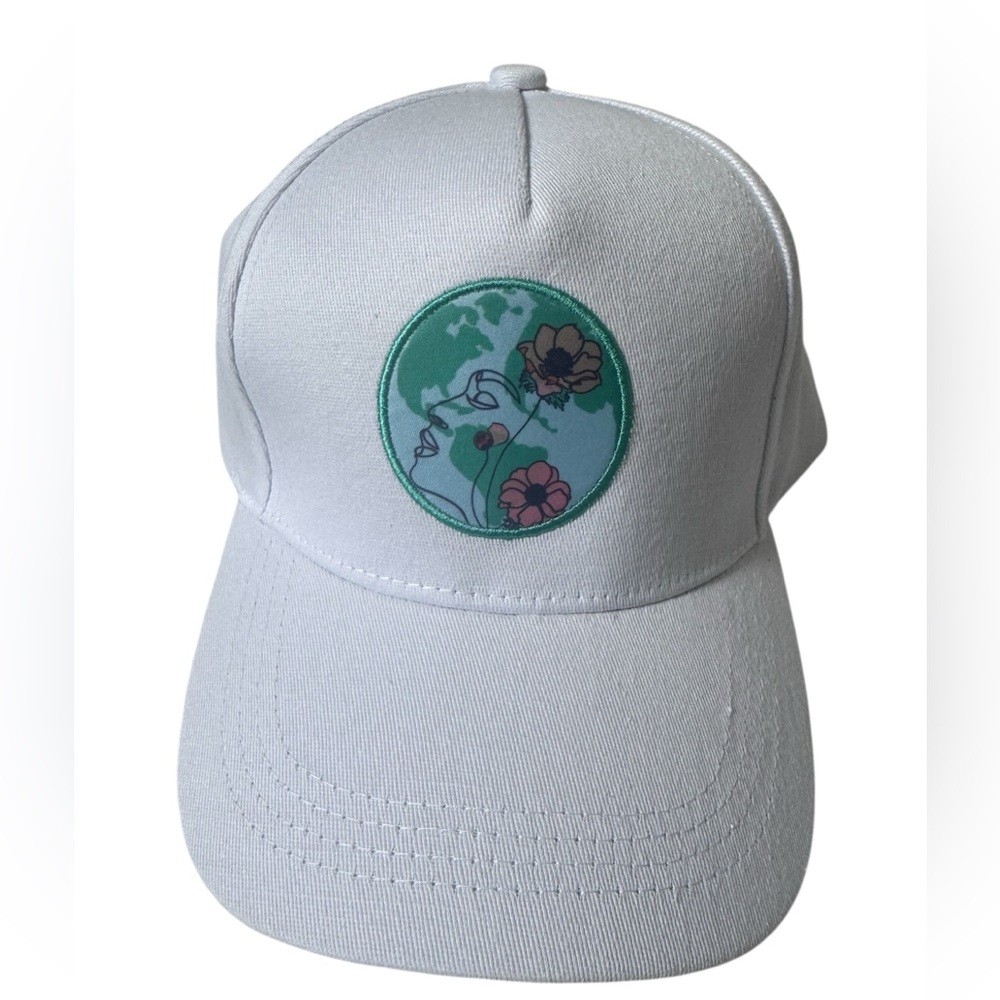 Baseball Cap, Love Our Mother earth, NWT, White Hat with Earth and Floral Design